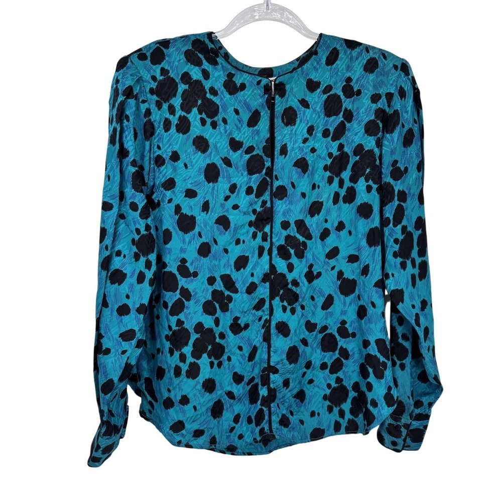 Vintage Flora Kung II New York Silk Shirt Womens 4 Teal Blue Abstract Print
